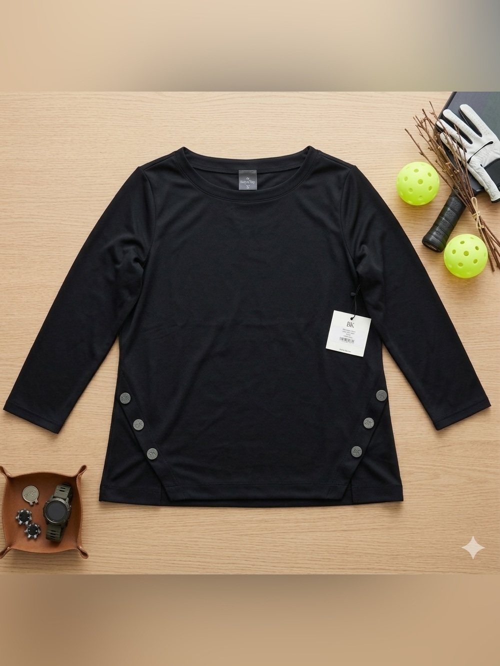 Belyn Key Onyx Military Pullover Top NWT Black Button Hem Golf Pickleball | M